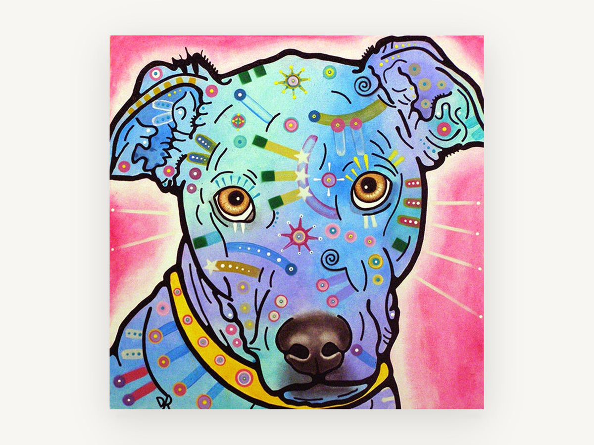 Blue Pop Pup, colourful pop art dog portrait, animal canvas wall art print, front view