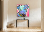 Blue Pop Pup animal canvas print on the wall of a hallway