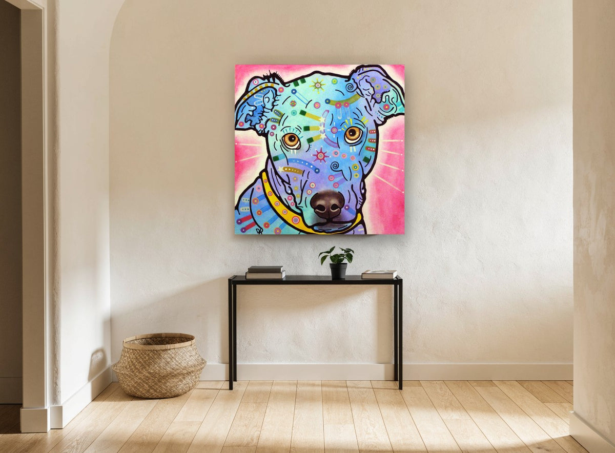 Blue Pop Pup animal canvas print on the wall of a hallway