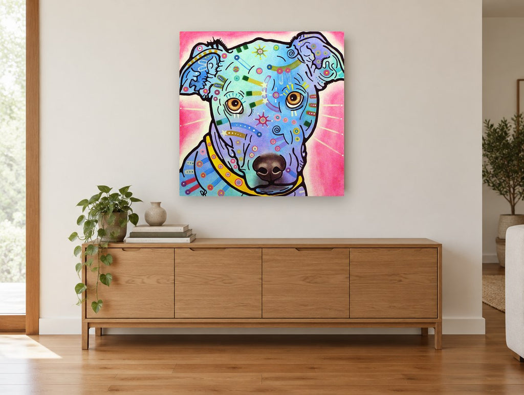 Blue Pop Pup animal canvas print on the wall of a living room above a sideboard