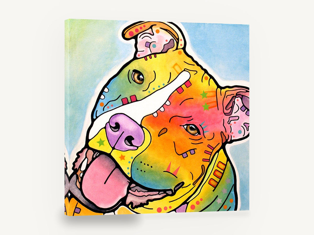 Tilted Head Rainbow Staffy, colourful staffy pop art portrait, animal canvas wall art print ready to hang