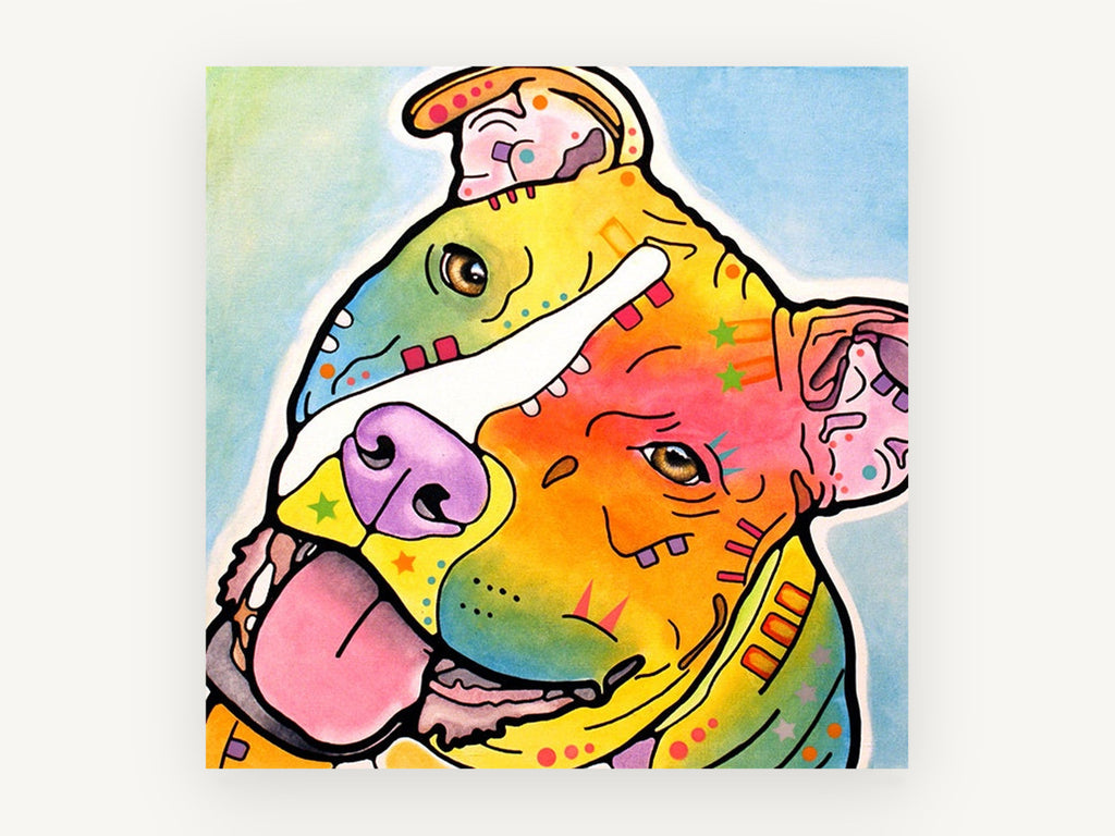 Tilted Head Rainbow Staffy, colourful staffy pop art portrait, animal canvas wall art print, front view