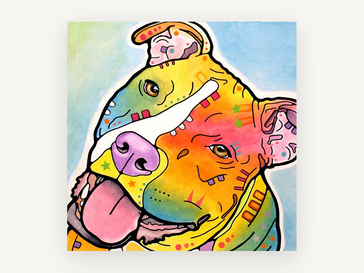 Tilted Head Rainbow Staffy, colourful staffy pop art portrait, animal canvas wall art print, front view
