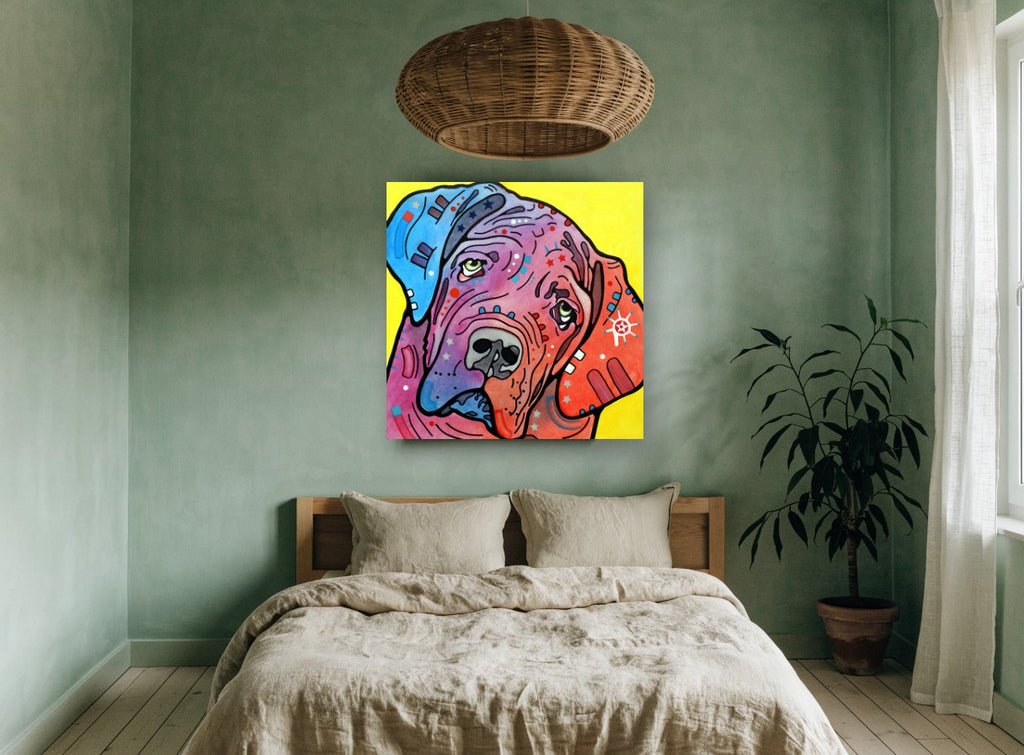 Tilted Head Mastiff animal canvas print on the wall of a bedroom