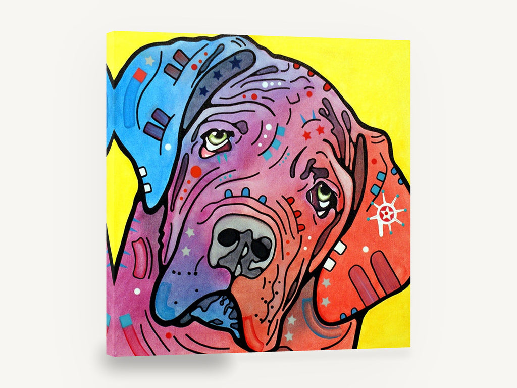 Tilted Head Mastiff, colourful pop art mastiff portrait, animal canvas wall art print ready to hang