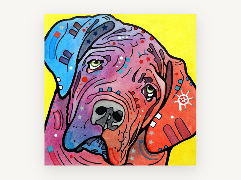 Tilted Head Mastiff, colourful pop art mastiff portrait, animal canvas wall art print, front view