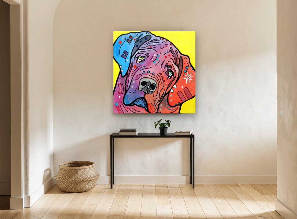 Tilted Head Mastiff animal canvas print on the wall of a hallway