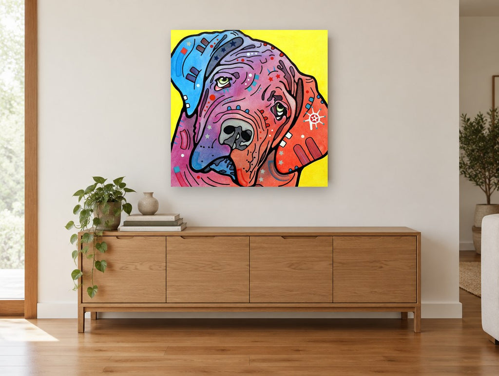 Tilted Head Mastiff animal canvas print on the wall of a living room above a sideboard