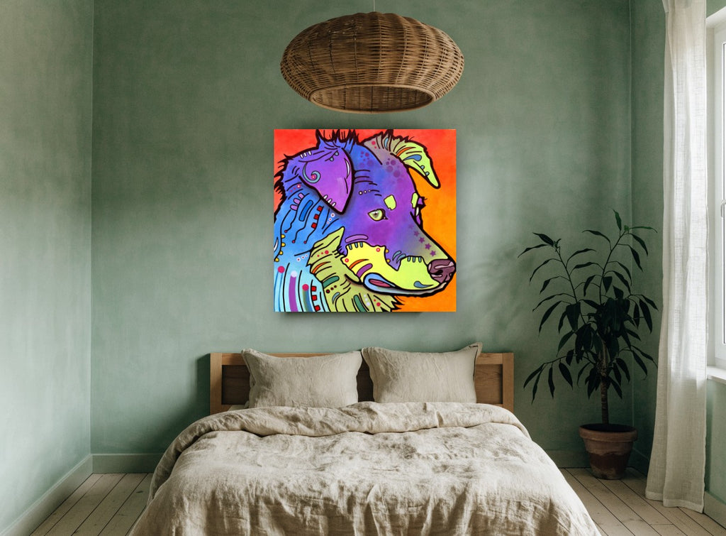 Neon Collie Profile animal canvas print on the wall of a bedroom