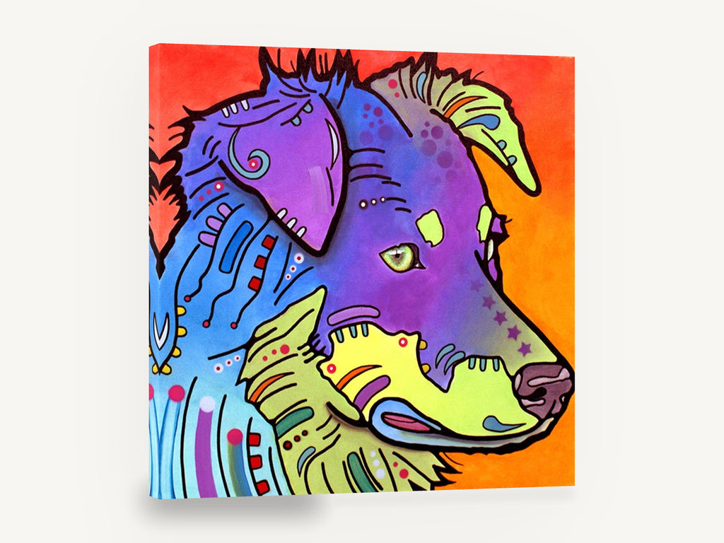 Neon Collie Profile, colourful pop art border collie illustration, animal canvas wall art print ready to hang
