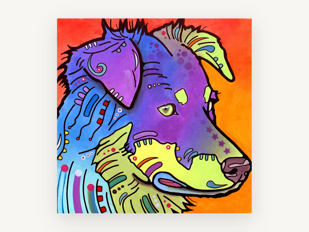 Neon Collie Profile, colourful pop art border collie illustration, animal canvas wall art print, front view