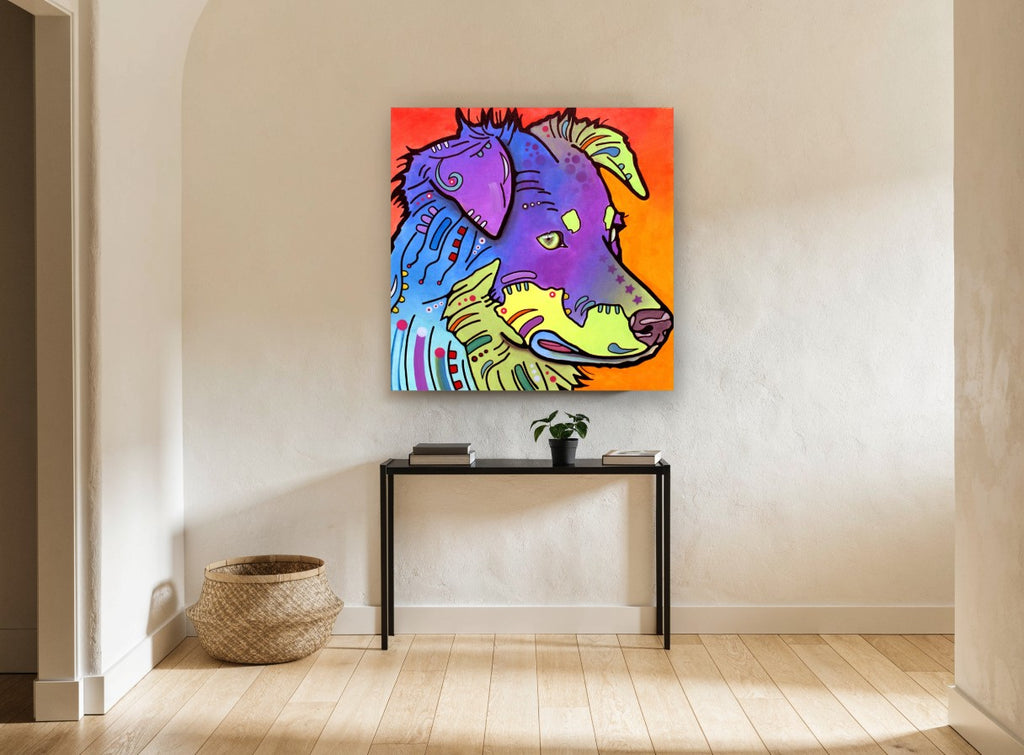Neon Collie Profile animal canvas print on the wall of a hallway