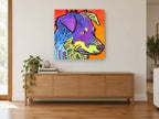 Neon Collie Profile animal canvas print on the wall of a living room above a sideboard