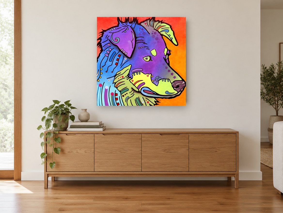 Neon Collie Profile animal canvas print on the wall of a living room above a sideboard