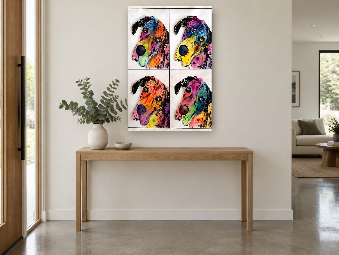 Four Neon Danes animal canvas print on the wall of a entry hall