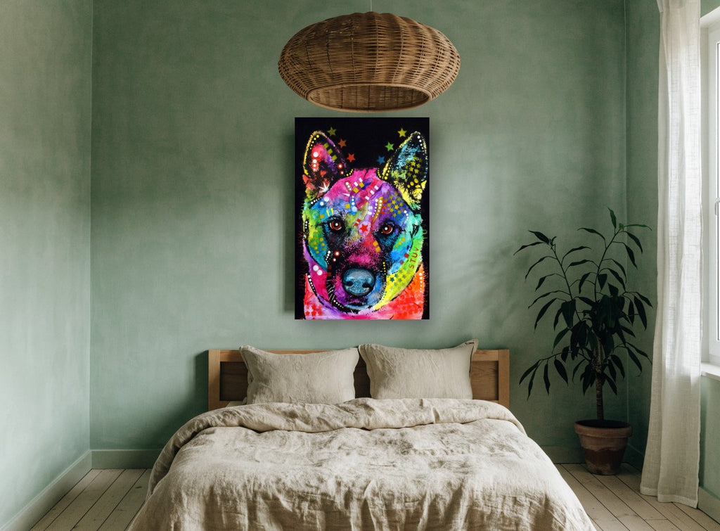 Rainbow Akita Pop animal canvas print on the wall of a bedroom