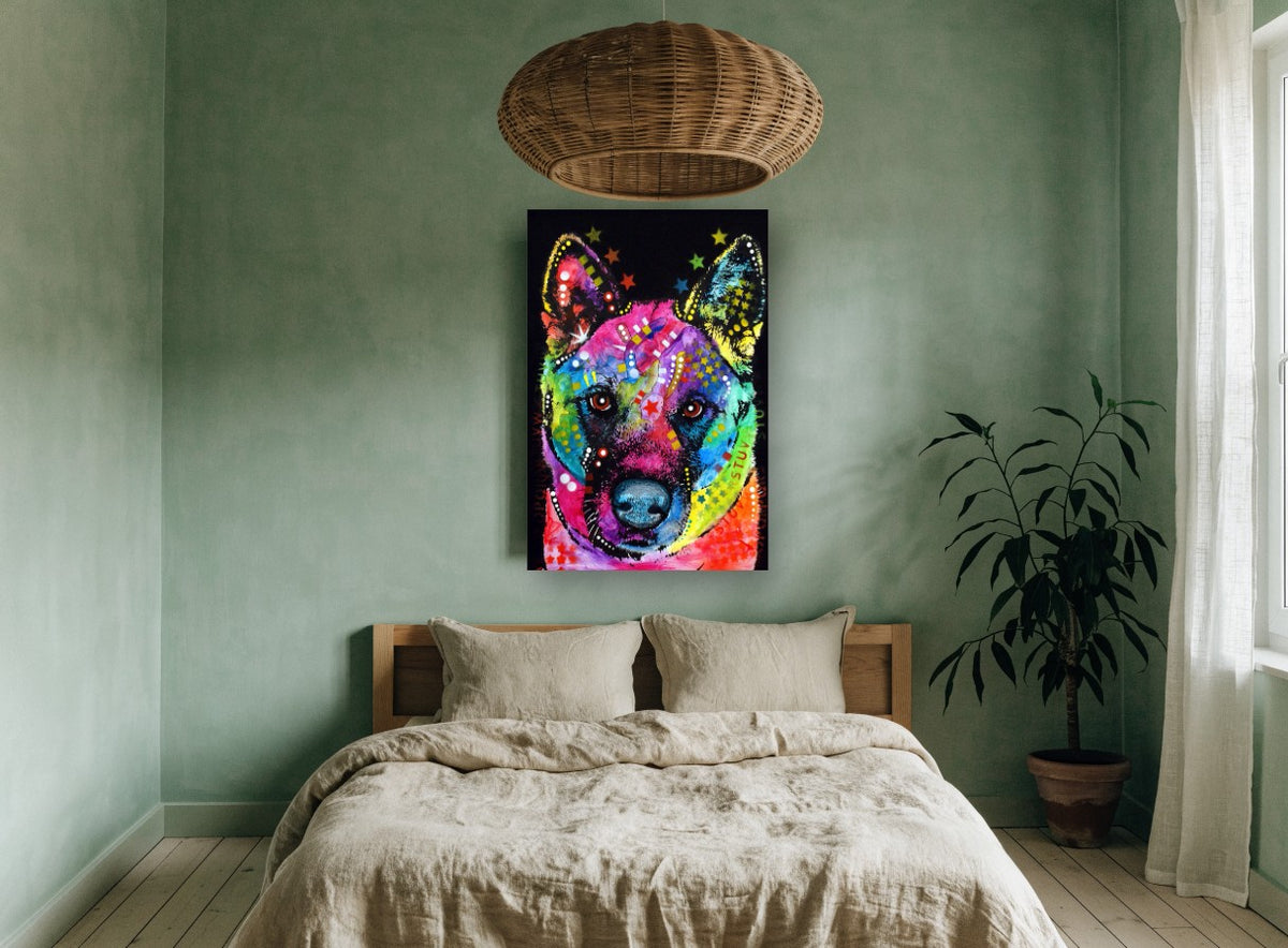 Rainbow Akita Pop animal canvas print on the wall of a bedroom