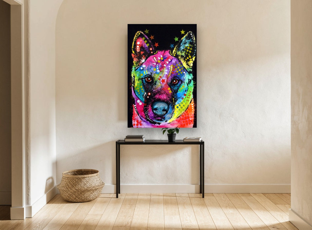 Rainbow Akita Pop animal canvas print on the wall of a hallway