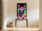 Rainbow Akita Pop animal canvas print on the wall of a hallway