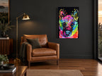 Rainbow Akita Pop animal canvas print on the wall of a charcoal living room