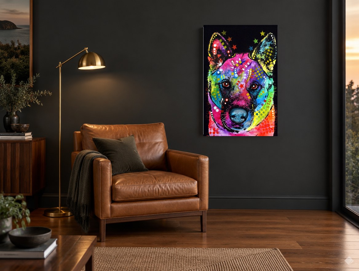 Rainbow Akita Pop animal canvas print on the wall of a charcoal living room