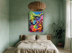 Neon Pop Tabby animal canvas print on the wall of a bedroom