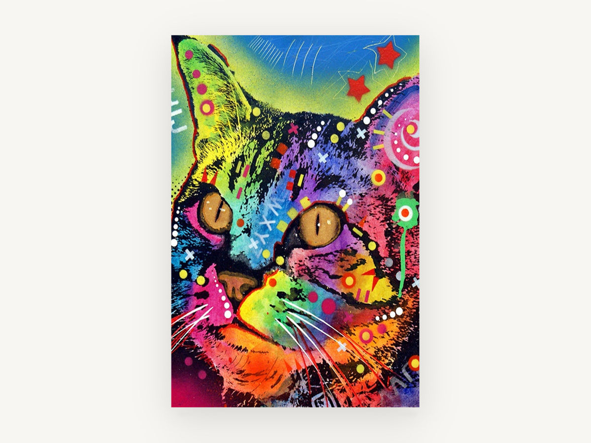 Neon Pop Tabby, colourful pop art cat illustration, animal canvas wall art print, front view