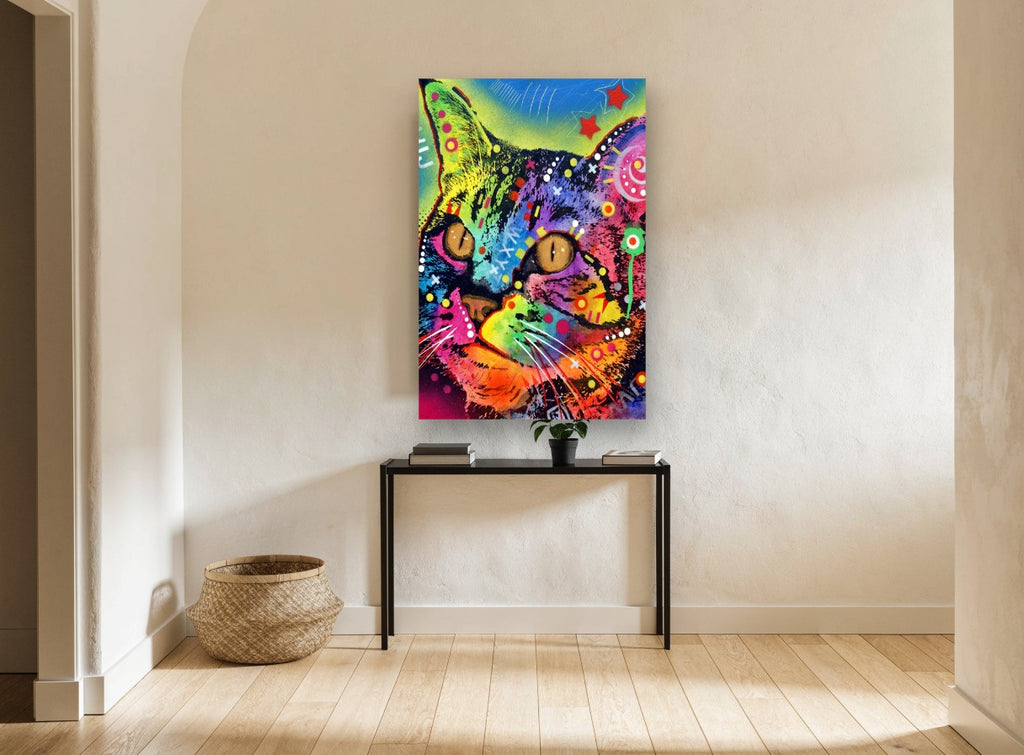 Neon Pop Tabby animal canvas print on the wall of a hallway