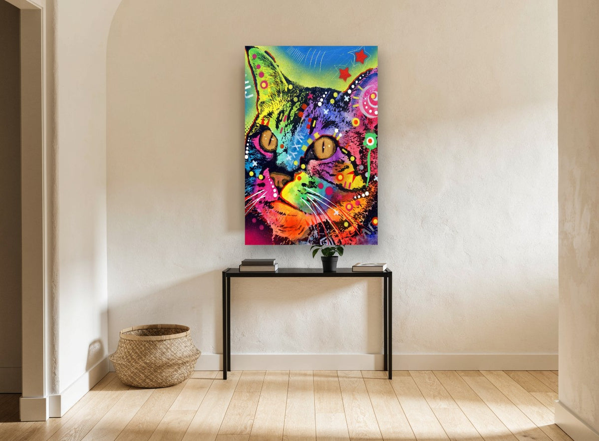 Neon Pop Tabby animal canvas print on the wall of a hallway