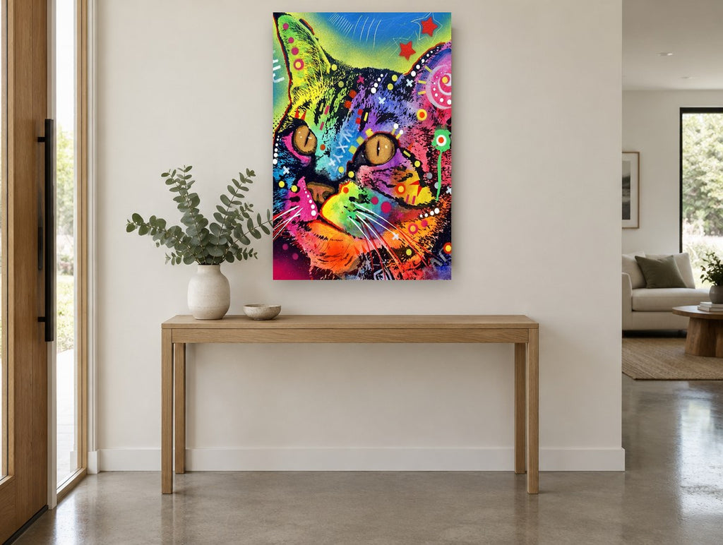 Neon Pop Tabby animal canvas print on the wall of a entry hall