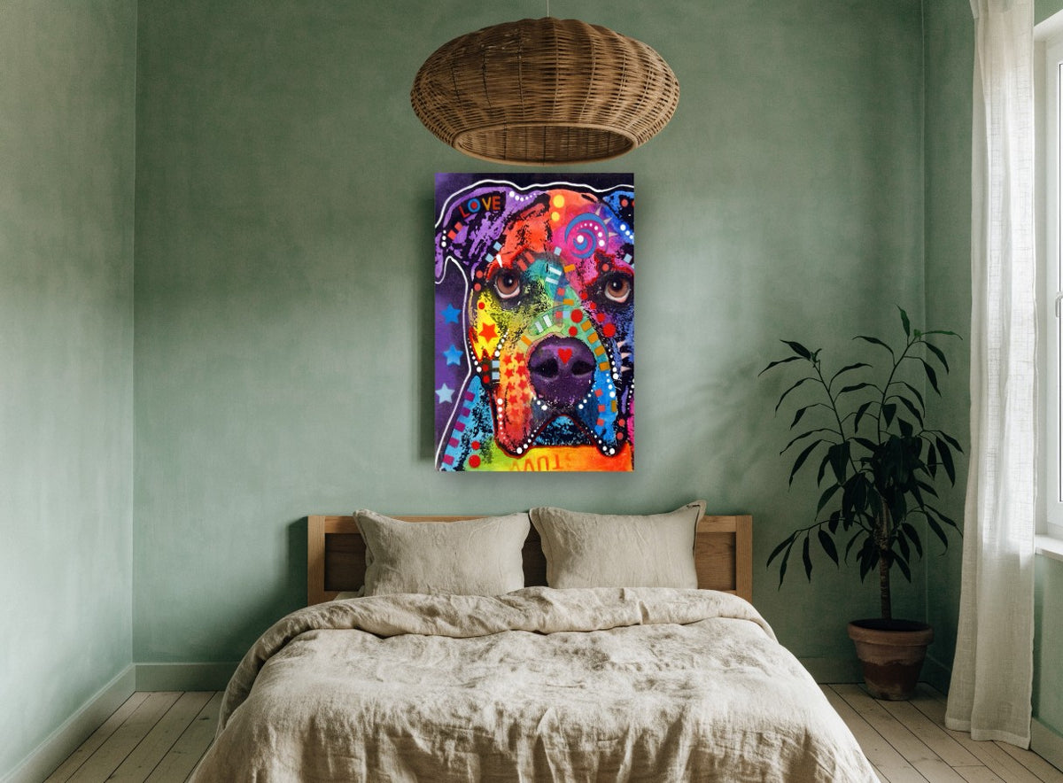 Rainbow Love Bulldog animal canvas print on the wall of a bedroom