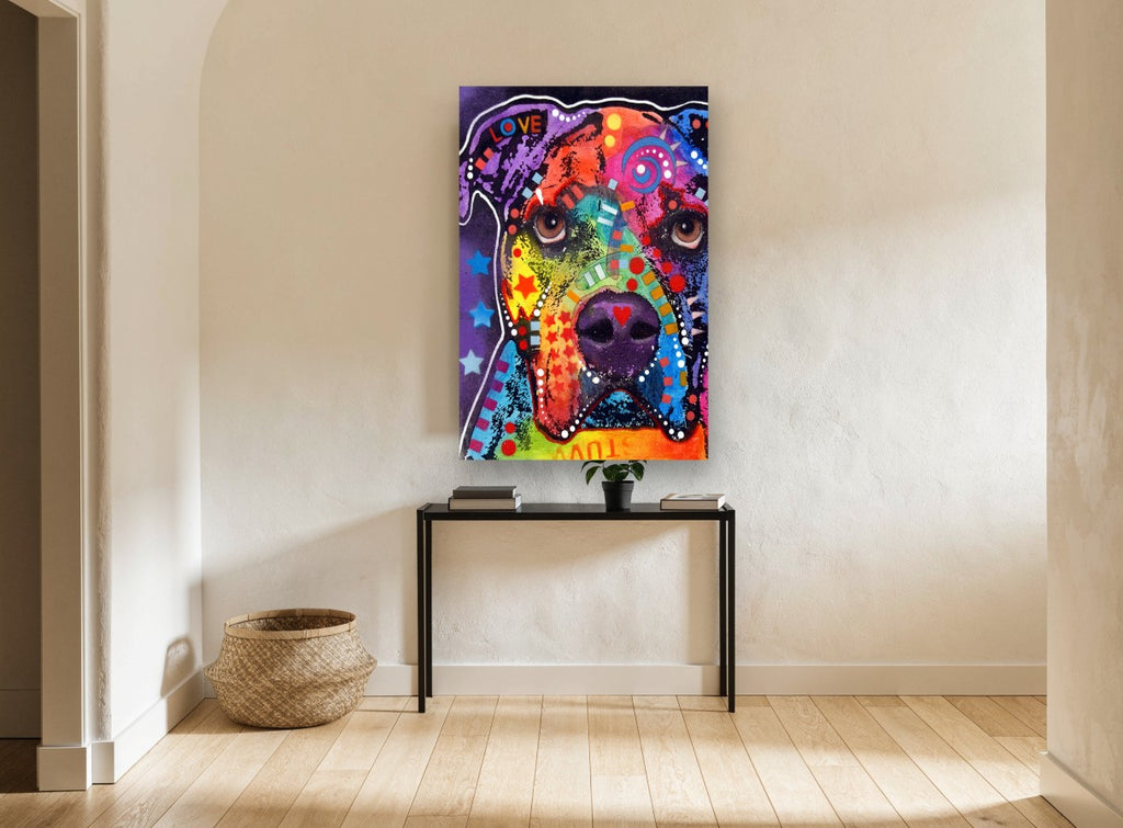 Rainbow Love Bulldog animal canvas print on the wall of a hallway