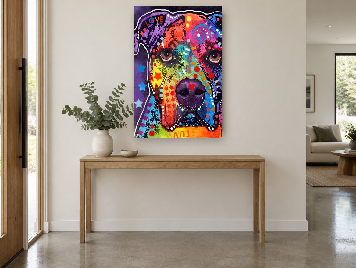 Rainbow Love Bulldog animal canvas print on the wall of a entry hall