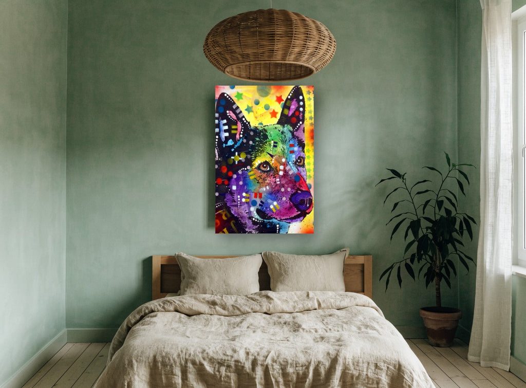 Rainbow Cattle Dog animal canvas print on the wall of a bedroom