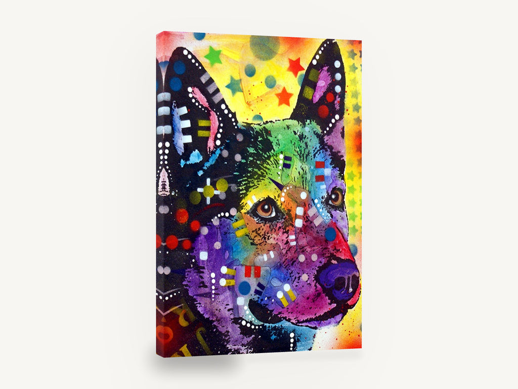 Rainbow Cattle Dog, colourful pop art cattle dog portrait, animal canvas wall art print ready to hang