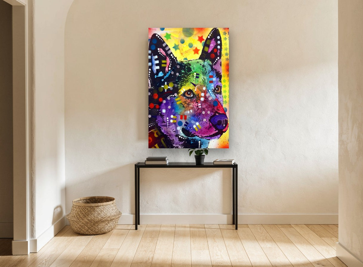 Rainbow Cattle Dog animal canvas print on the wall of a hallway