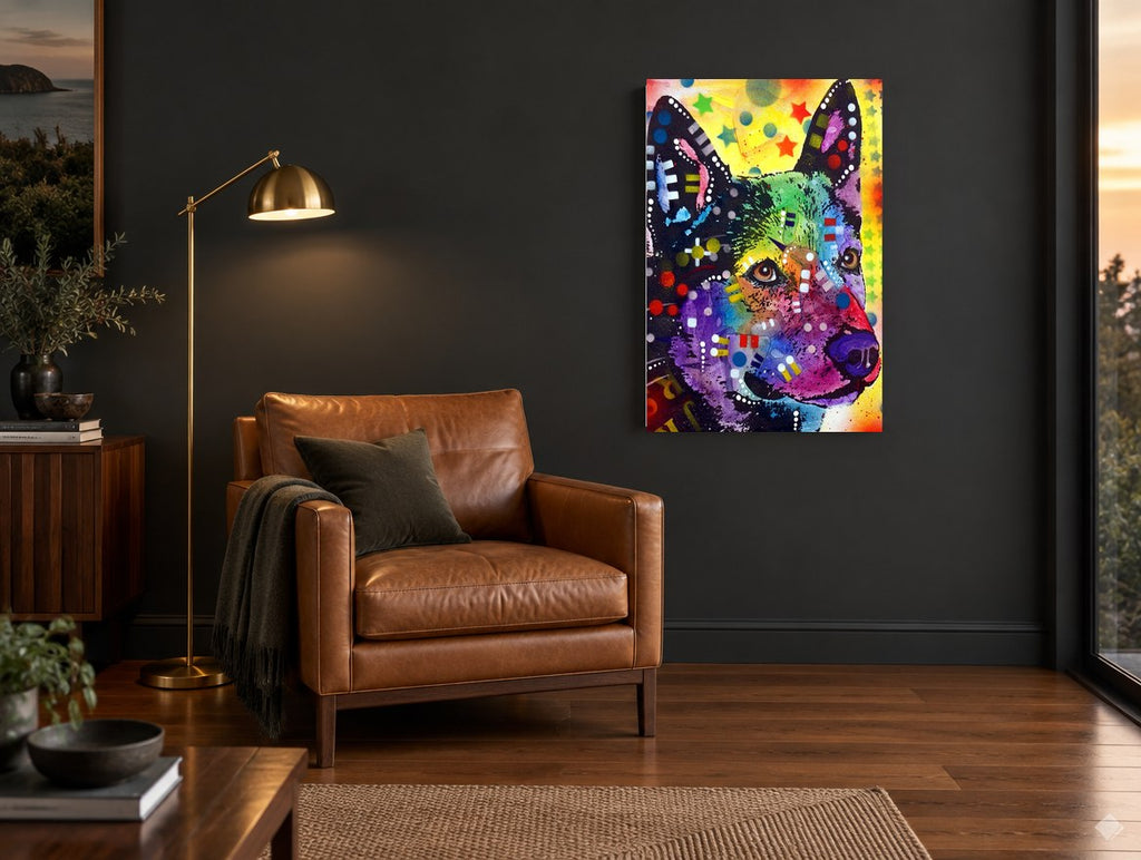 Rainbow Cattle Dog animal canvas print on the wall of a charcoal living room