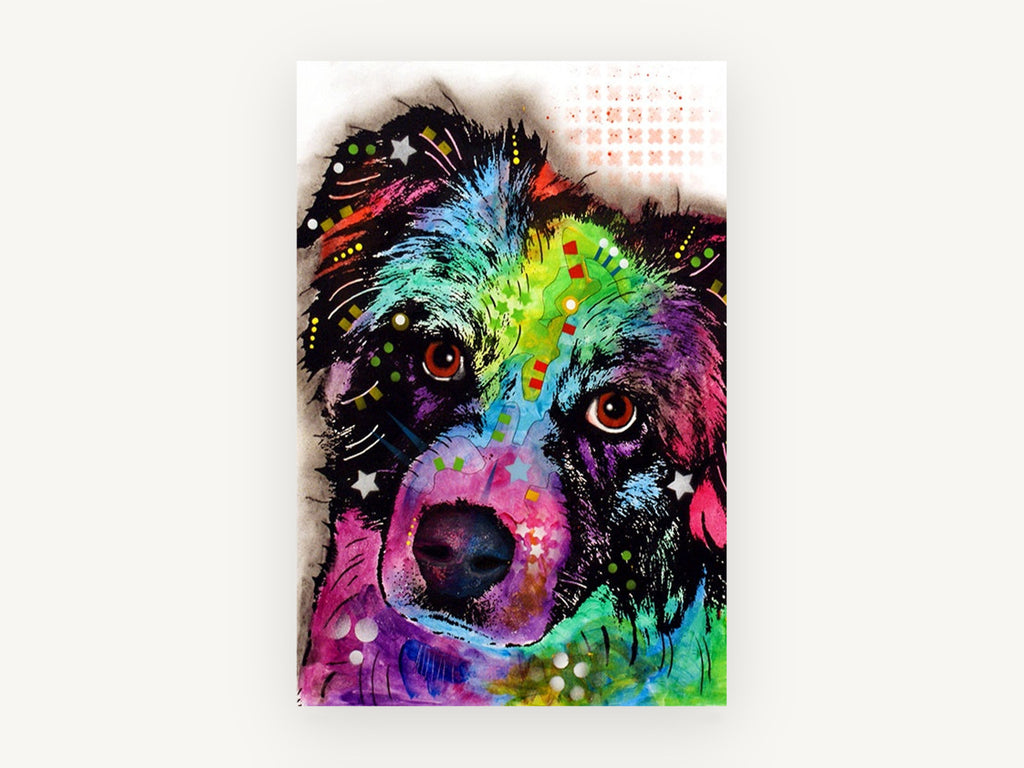 Rainbow Shepherd Gaze, colourful pop art dog portrait, animal canvas wall art print, front view