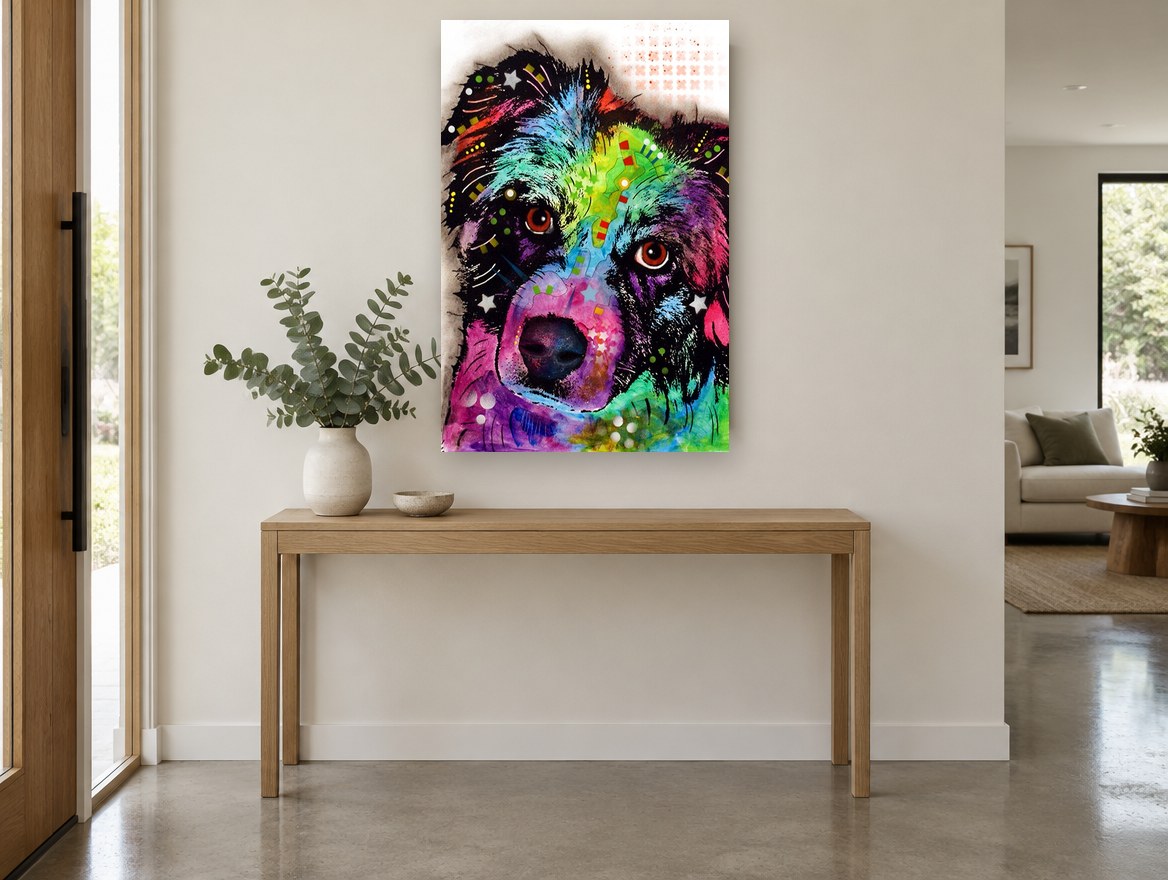 Rainbow Shepherd Gaze animal canvas print on the wall of a entry hall