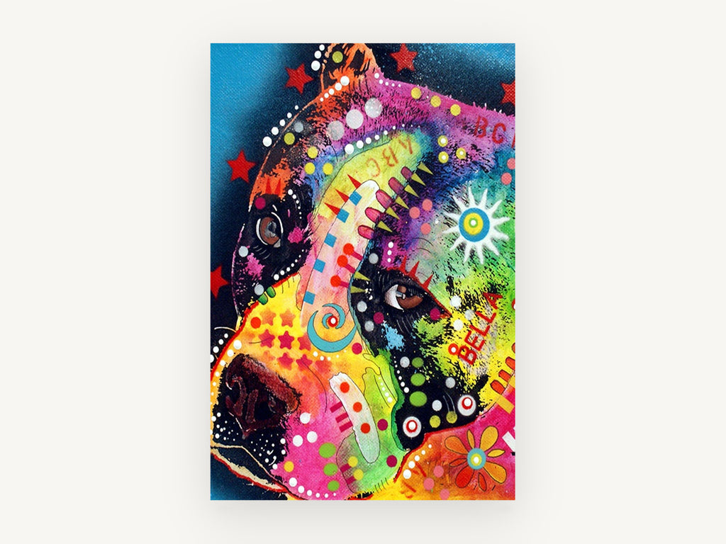 Bella Rainbow Pit Bull, colourful pop art pit bull portrait, animal canvas wall art print, front view