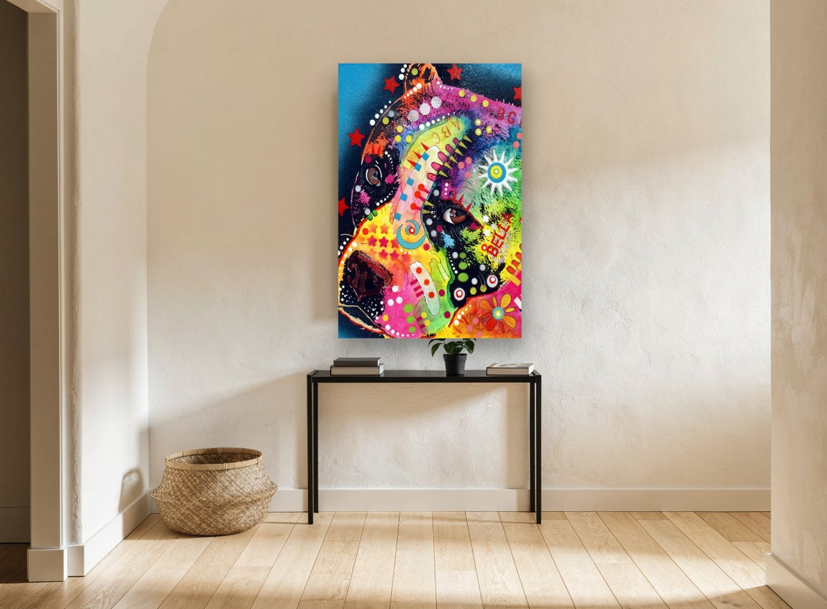 Bella Rainbow Pit Bull animal canvas print on the wall of a hallway