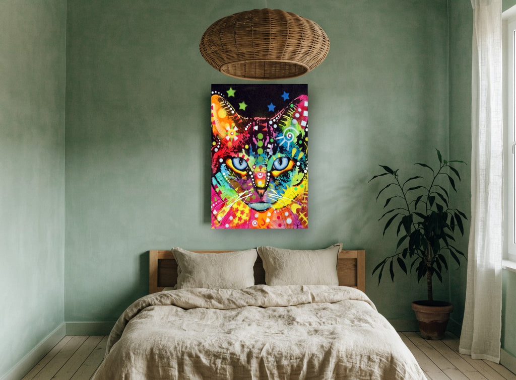 Rainbow Blue-Eyed Cat animal canvas print on the wall of a bedroom