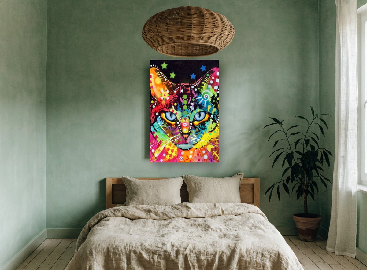 Rainbow Blue-Eyed Cat animal canvas print on the wall of a bedroom