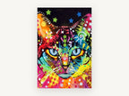 Rainbow Blue-Eyed Cat, colourful pop art cat portrait, animal canvas wall art print, front view