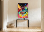 Rainbow Blue-Eyed Cat animal canvas print on the wall of a hallway