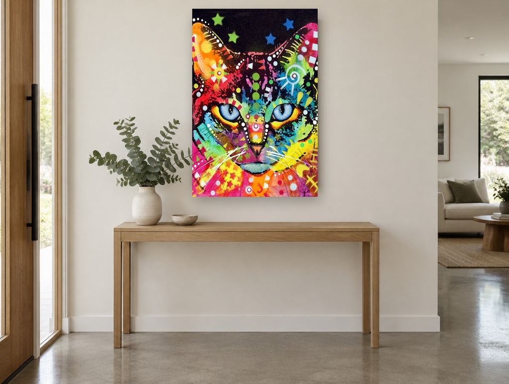 Rainbow Blue-Eyed Cat animal canvas print on the wall of a entry hall