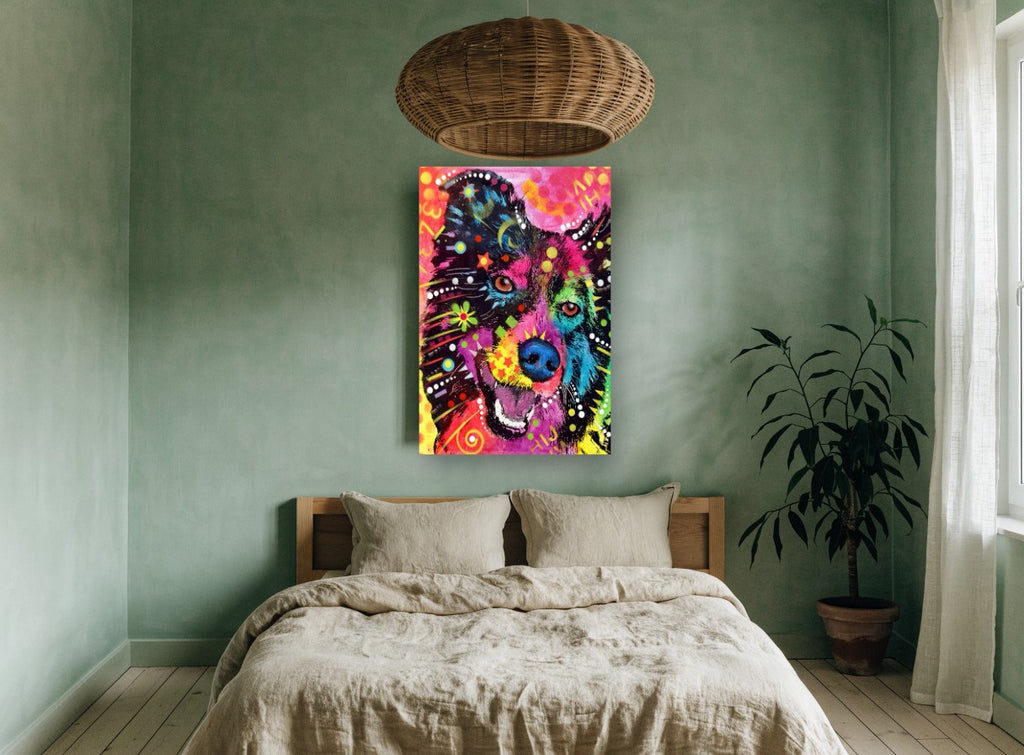 Neon Collie Pop animal canvas print on the wall of a bedroom