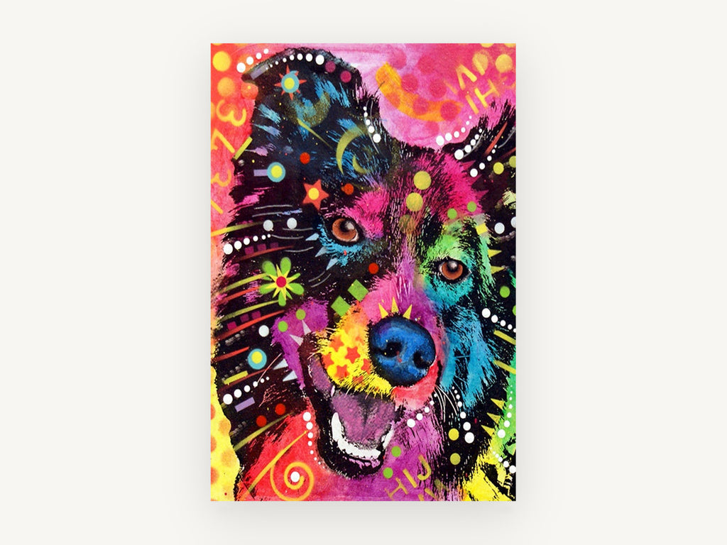 Neon Collie Pop, colourful border collie pop art portrait, animal canvas wall art print, front view