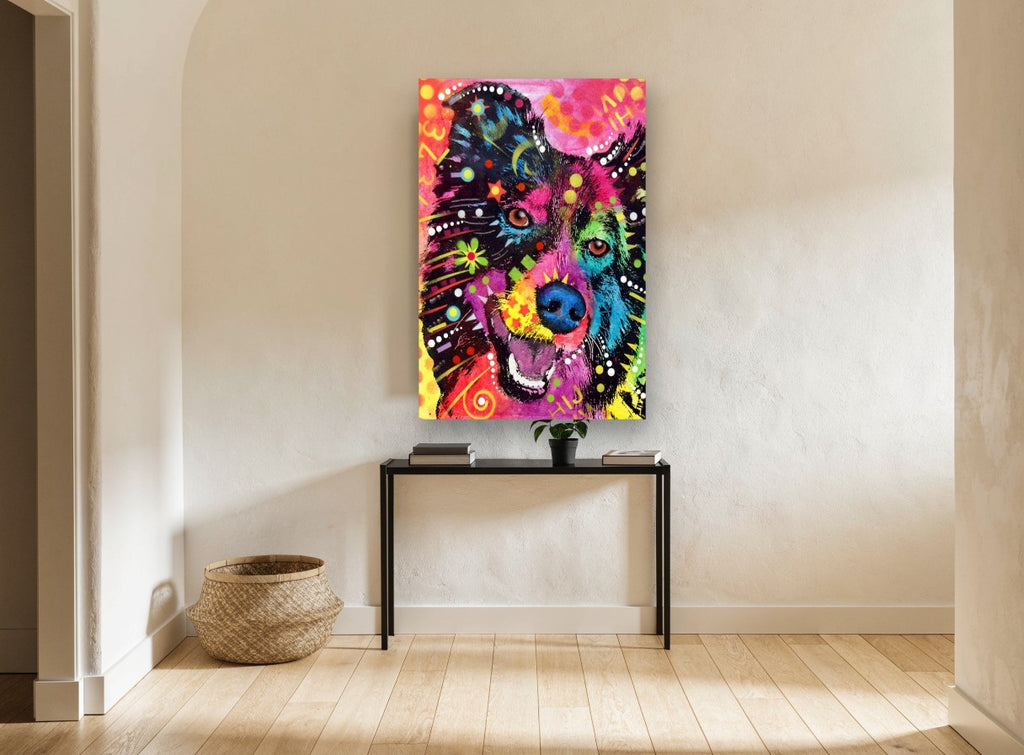 Neon Collie Pop animal canvas print on the wall of a hallway