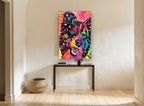 Neon Collie Pop animal canvas print on the wall of a hallway